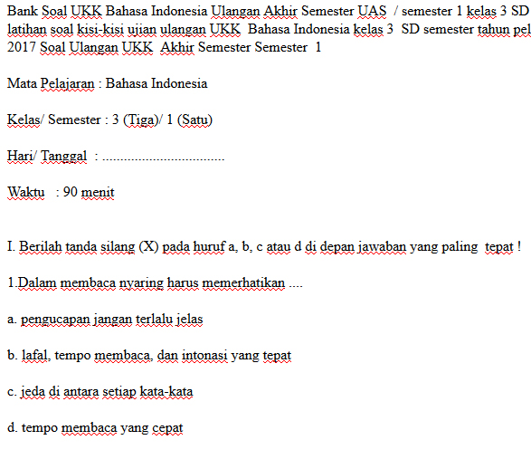SOAL UKK UAS BAHASA INDONESIA KELAS 3 SD SEMESTER 1  Dokumen