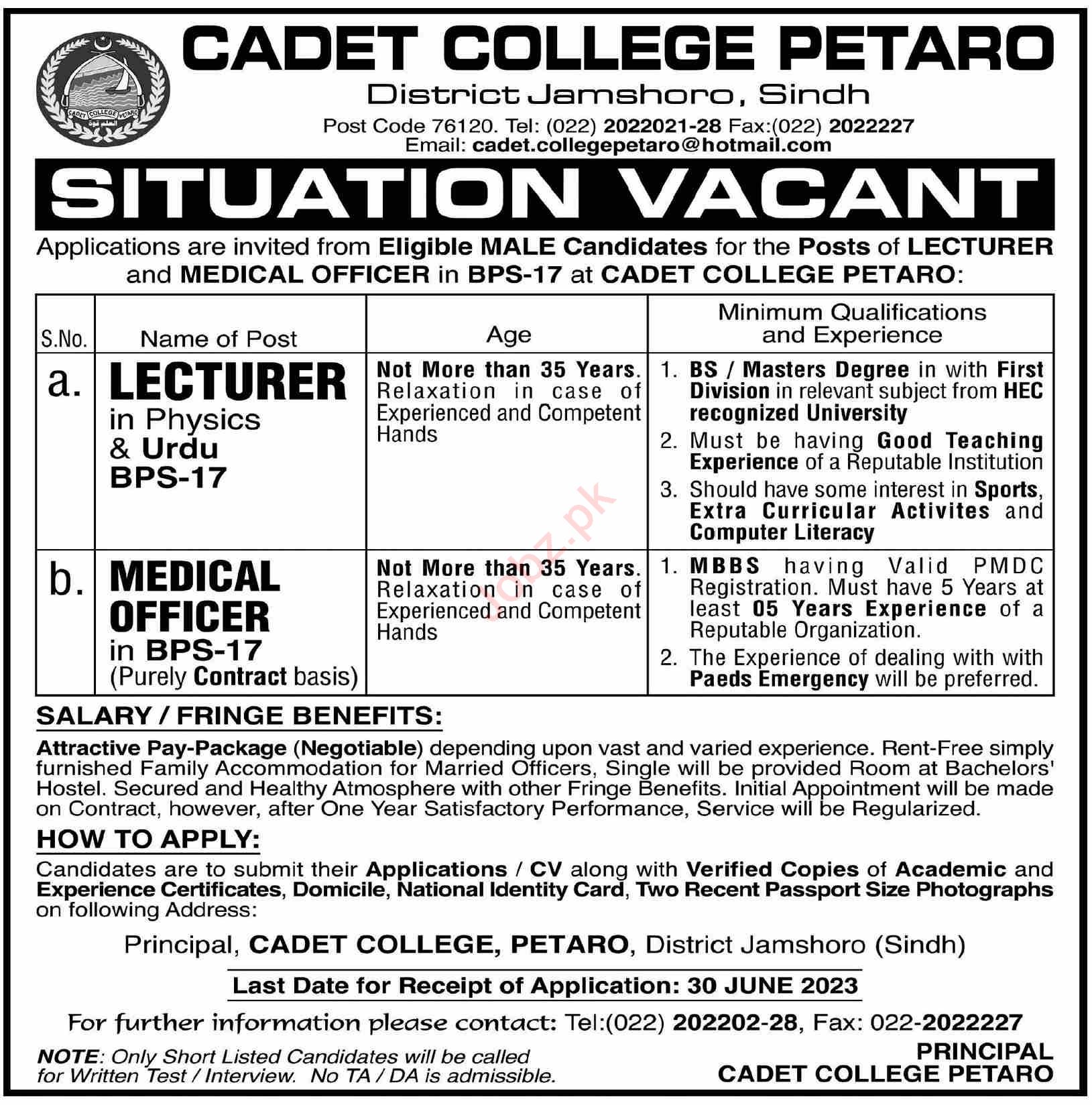 Jobs in Cadet College Petaro