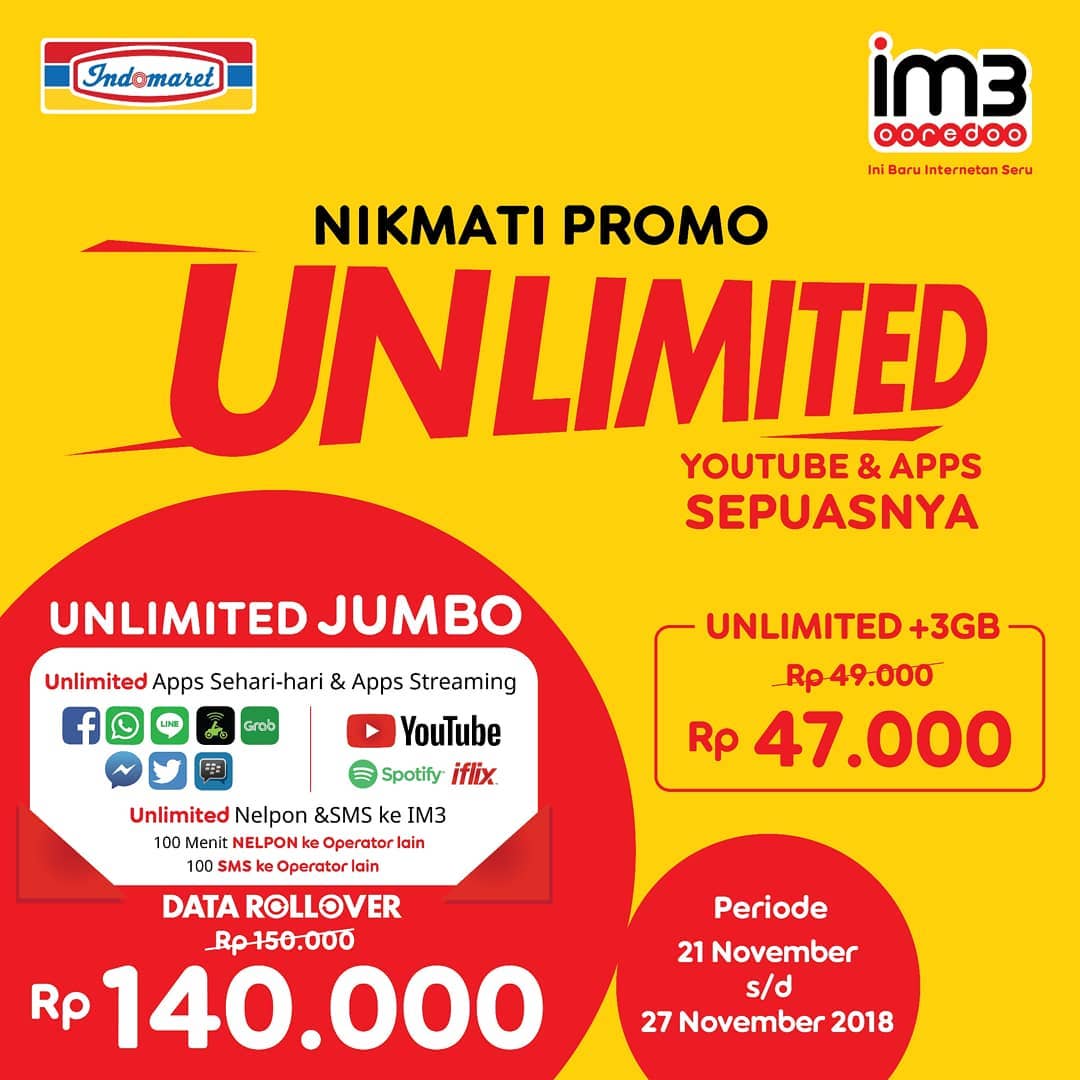 Indomaret - Promo Paket Flash Sale XL & Unlimeted IM3 Ooredoo (s.d 27 Nov 2018)