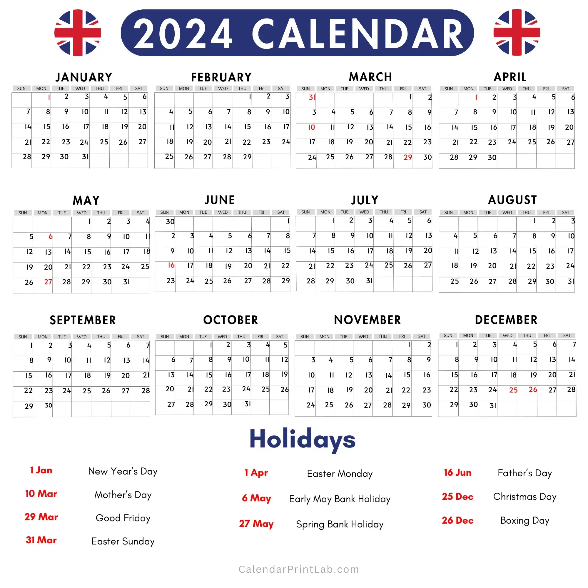 2024 calendar with holidays uk