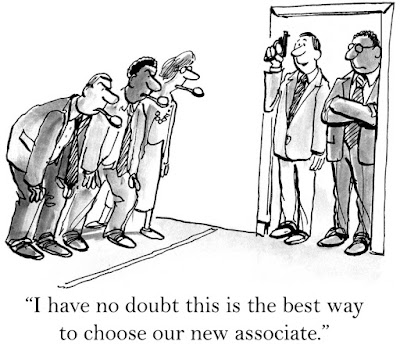 cartoon of a manager selecting the next new associate by putting the candidates through an old-fashioned egg race