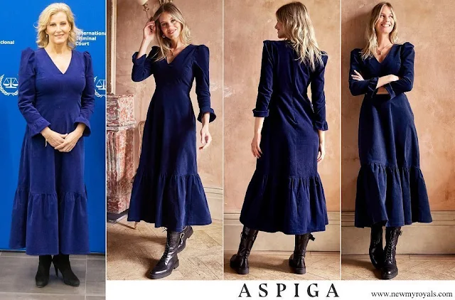 The Duchess of-Edinburg wore Aspiga London Victoria V-Neck Long Sleeve Stretch Corduroy Dress in blue