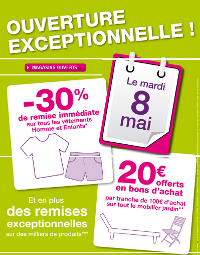 Carrefour: le 8 mai -30% de remise immédiate sur les vêtements et bons d'achat sur tout le mobilier jardin  Mademoiselle bons plans