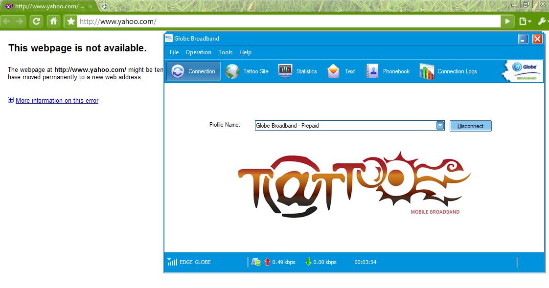 I can, however, access the Internet through Globe Tattoo Mobile Broadband 
