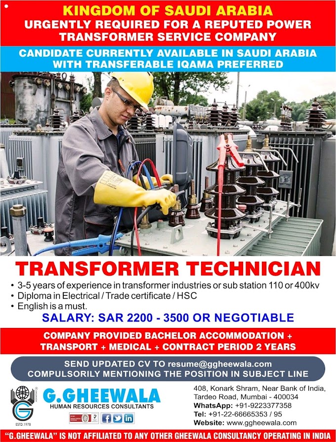 TRANSFORMER TECHNICIAN JOBS IN SAUDIARAB 