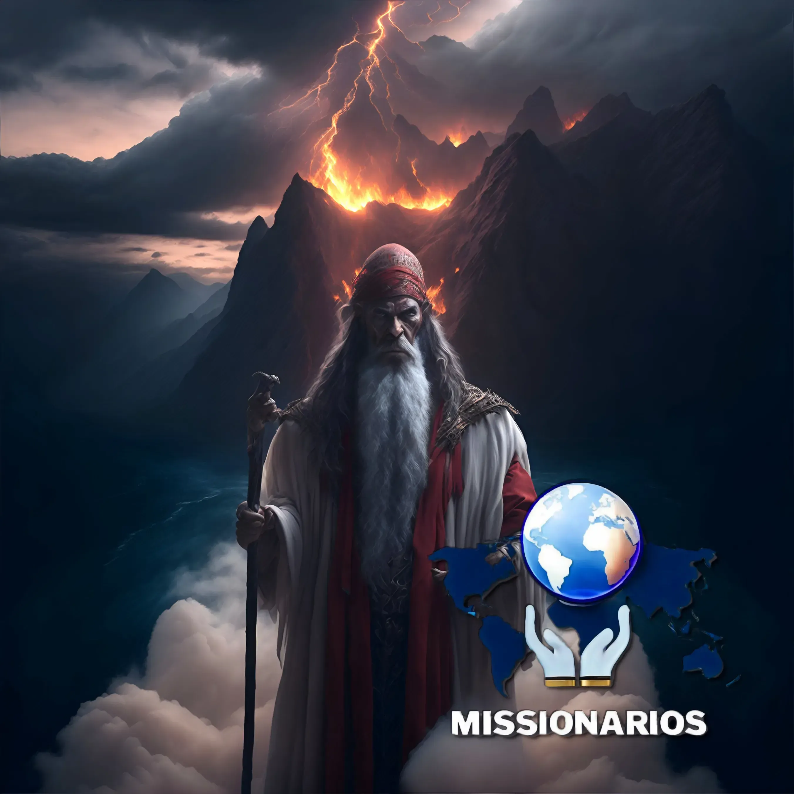 A imagem mostra uma representação de Moisés, com longas barbas brancas, segurando o cajado, de pé sobre uma nuvem espessa, ao fundo vemos uma coluna de fogo, e o mar vermelho.