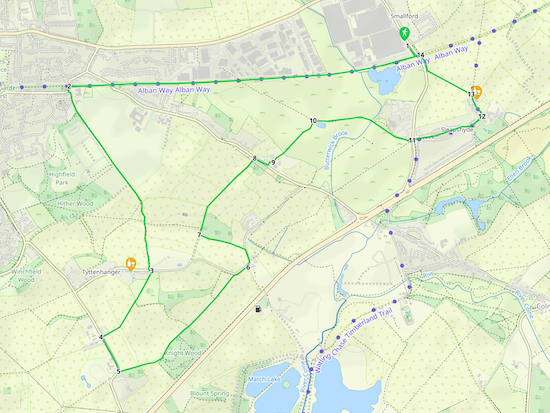 Map for Walk 184: Tyttenhanger Green Loop Click here or on the map for a larger version Created on Map Hub by Hertfordshire Walker Elements © Thunderforest © OpenStreetMap contributors There is an interactive map below the directions