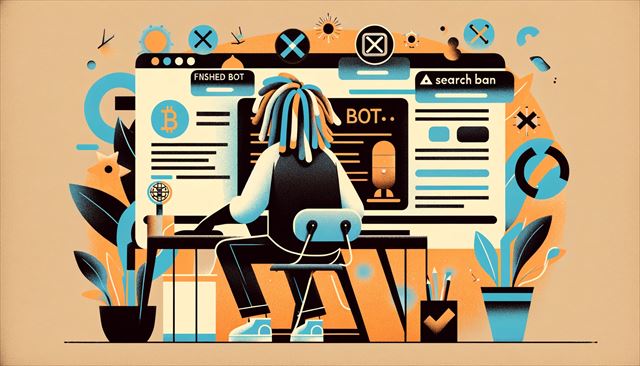 An abstract minimalistic illustration of a casual Japanese man with dreadlocks, reflecting on the completion of his bot and the challenges he faces due to the search ban festival. The scene includes him at his computer, with abstract symbols representing the finished bot, the overwhelming number of accounts under search ban, and the uncertainty around the rumored Twitter changes. The style is very minimalistic, focusing on his contemplation, frustration, and the planning for his next steps in the realm of affiliate marketing.