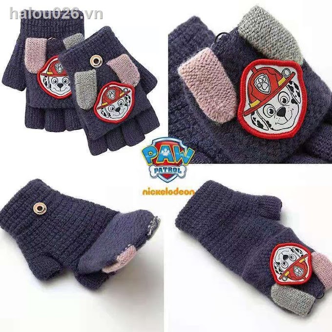 ✵▪✠Wangwang Team Children s Gloves Half-finger Flip Cover Warm Thickening Boys and Girls Kindergarten Woolen Fingerless Winter