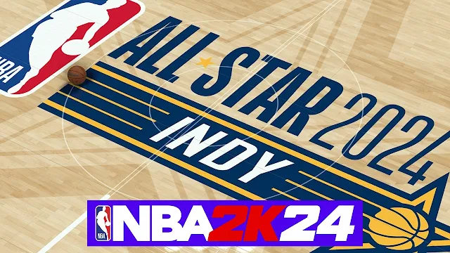 Alternate view of custom NBA 2K24 mod of 2024 All-Star Indanapolis court highlighting the center logo