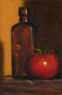 Still life oil painting of a tomato beside a brown glass bottle