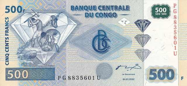 Congo Democratic Republic 500 Congolese francs banknote 2002 Three diamond prospectors at work and Large Diamond