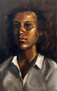 Oil painting of a young woman wearing a white shirt.