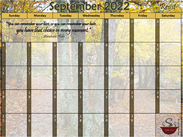 A yellow and green September calendar with a fall leaf background.