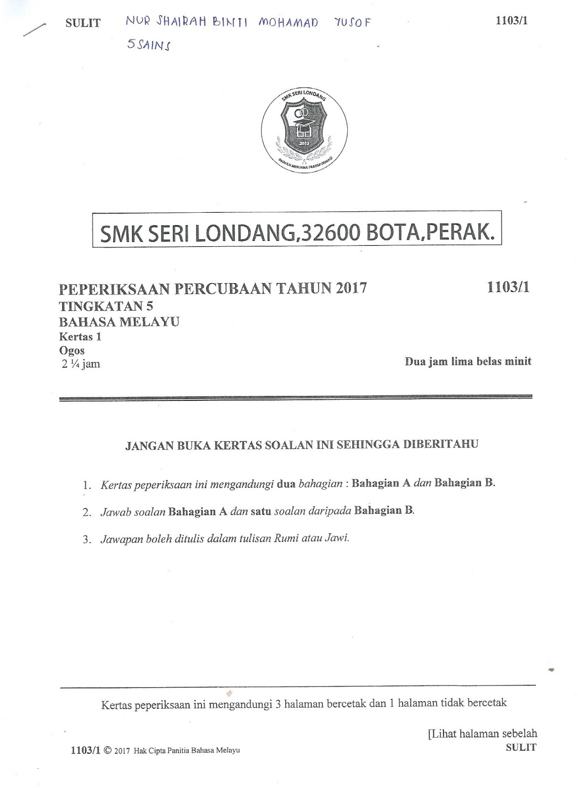 Laman Bahasa Melayu SPM: SOALAN KERTAS BAHASA MELAYU 1 