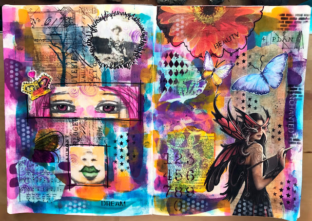 mixed media collage work in my XL Leda Sketchbook, Alice Hendon in progress