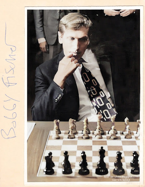 Bobby Fischer sits in front of the chess board in Buenos Aires, Argentina. Signature.