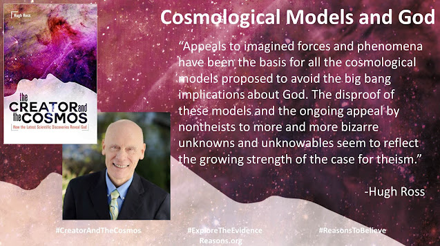 Quote from Dr. Hugh Ross' book "Creator and the Cosmos": "Appeals to imagined forces and phenomena have been the basis for all the cosmological models proposed to avoid the big bang implications about God. The disproof of these models and the ongoing appeal by nontheists to more and more bizarre unknowns and unknowables seem to reflect the growing strength of the case for theism."