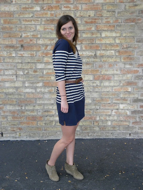 J.Crew striped tunic dress with MacCalister wedge boots