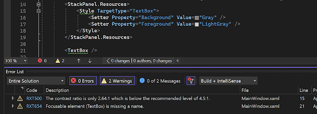 Visual Studio Editor screenshot showing contrast issues and missing Name on XAML source code files