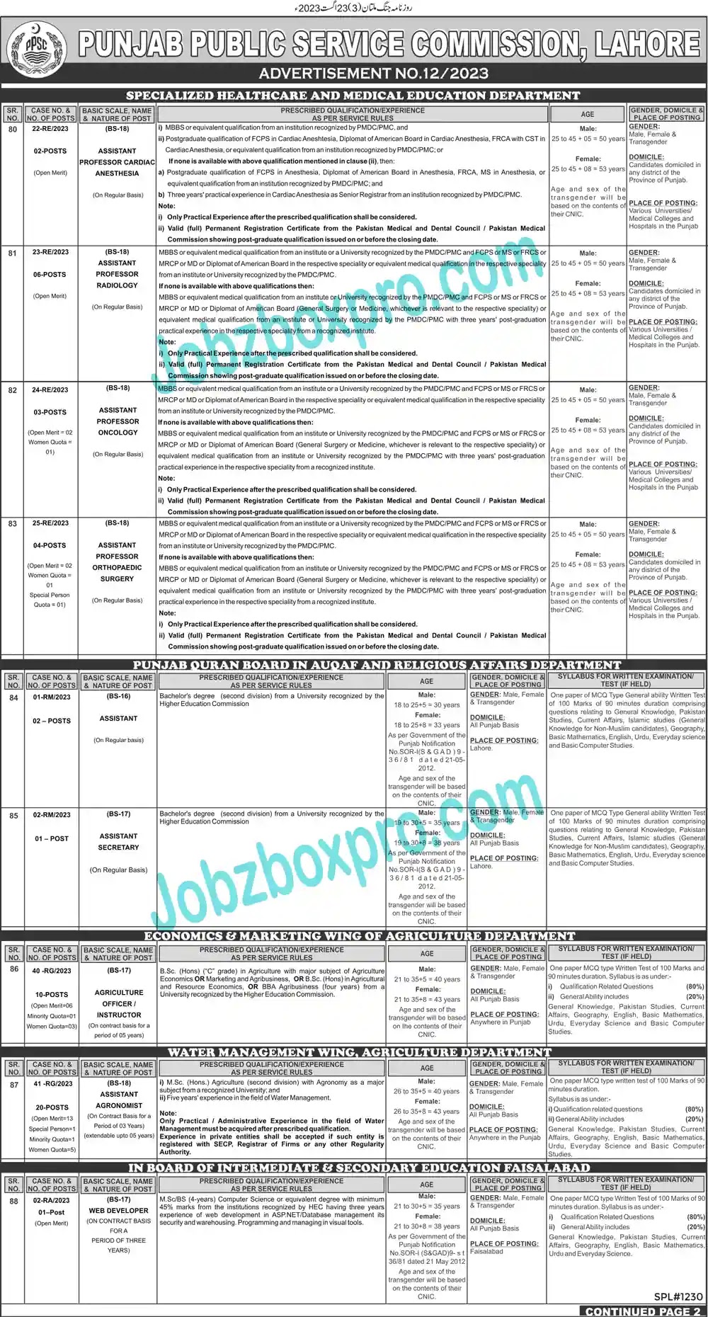 PUNJAB PUBLIC SERVICE COMMISSION PPSC JOBS