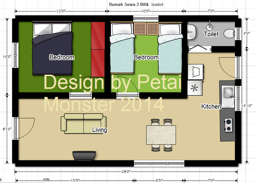 Bina Rumah: Floor Plan Rumah Sewa 2 bilik 525 sq ft