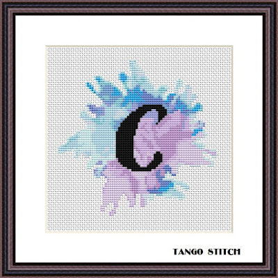 Letter C blue watercolor pastel cross stitch pattern