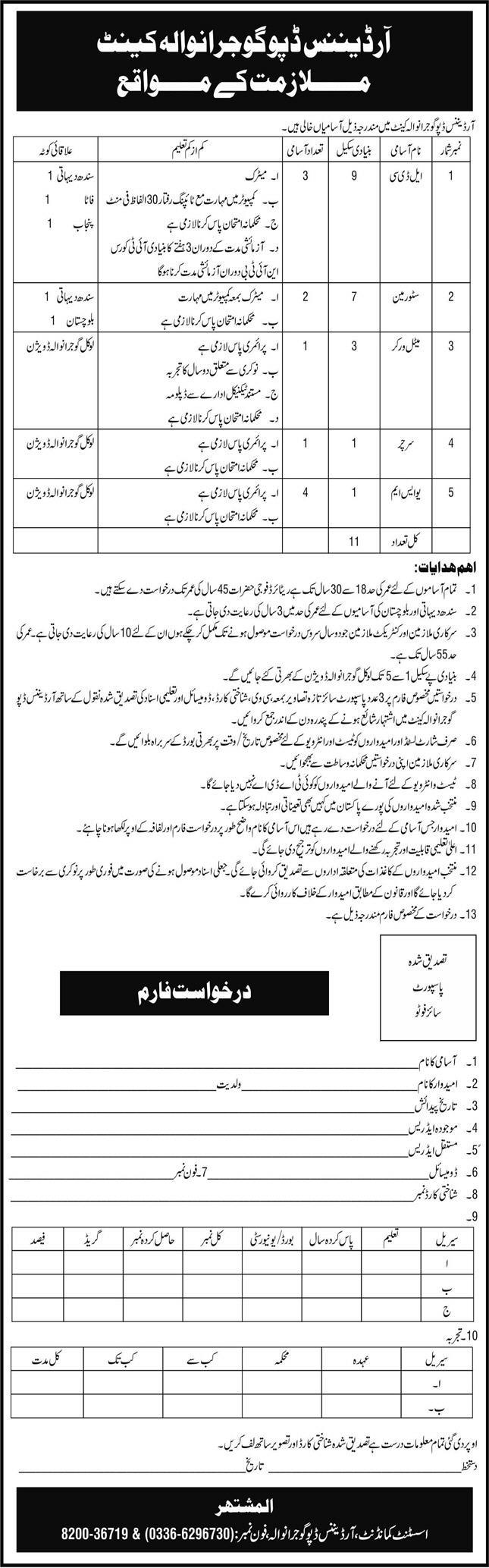 Jobs in Ordnance Depot Gujranwala Cantt, LDC, Storeman, Metal Worker, Searcher, USM, Application Form