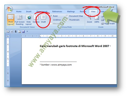 Gambar: Langkah awal Cara merubah atau menghilangkan footnote di Microsoft Word, yakni mengganti view ke mode Draft