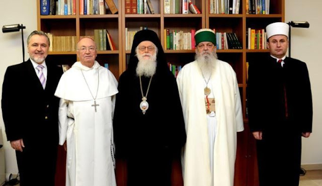 Heads of religious communities in Albania from left: Protestant, Catholic, Orthodox, Bektashi and Muslim