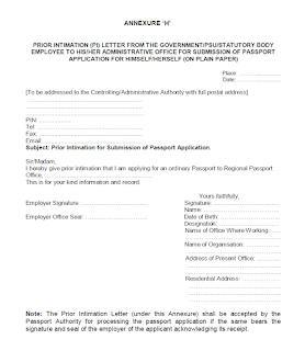 Prior Intimation Letter for submission of Passport Application