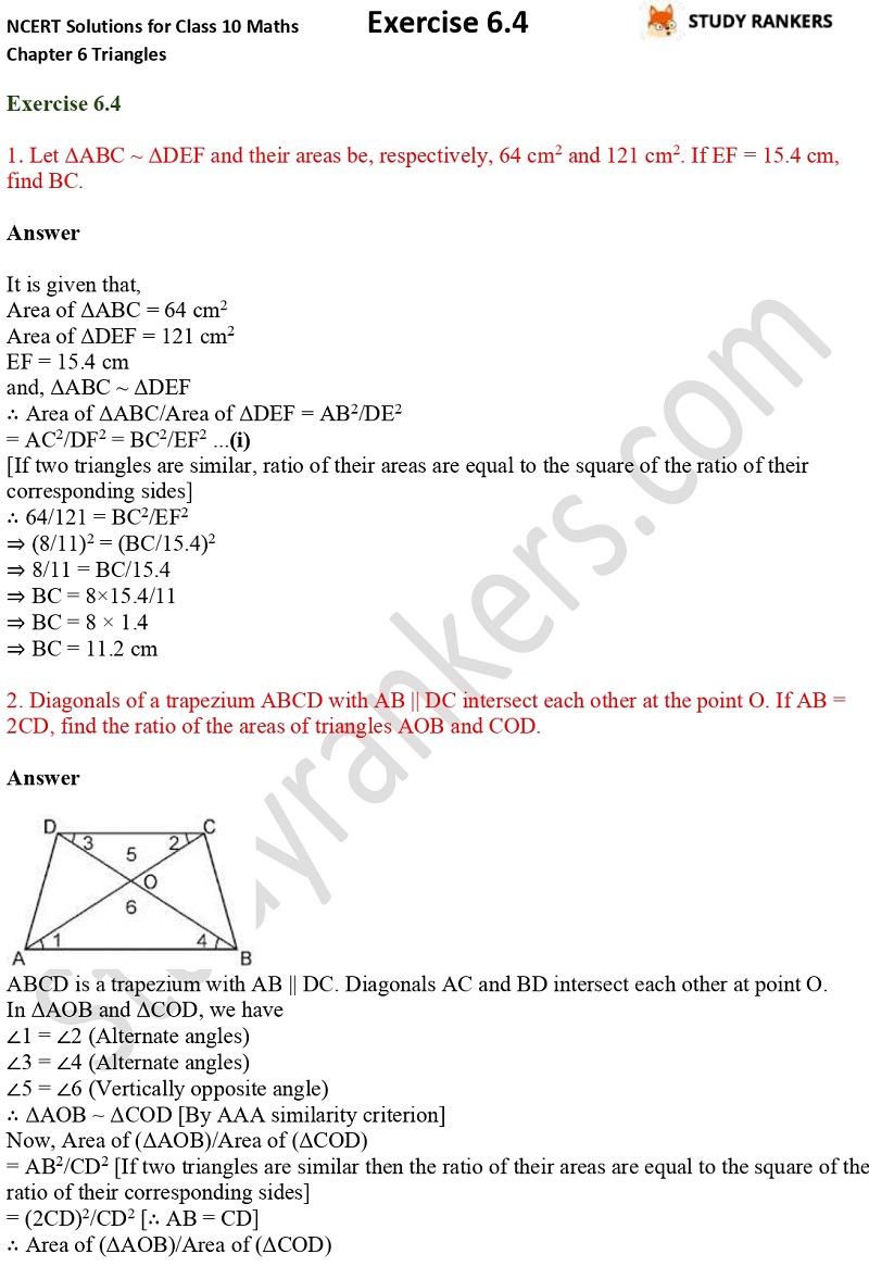 Ncert Solutions For Class 10 Maths Chapter 6 Triangles Exercise 6 4