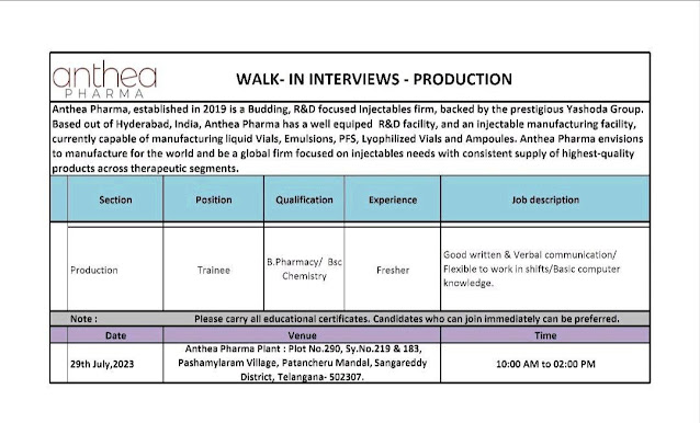 Anthea Pharma Walk In Interview For Fresher B Pharm/ BSc - Check Details Now