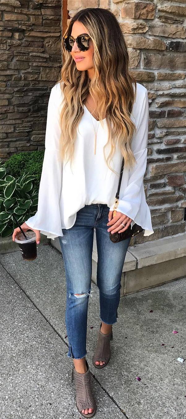 white blouse + bag + skinnies