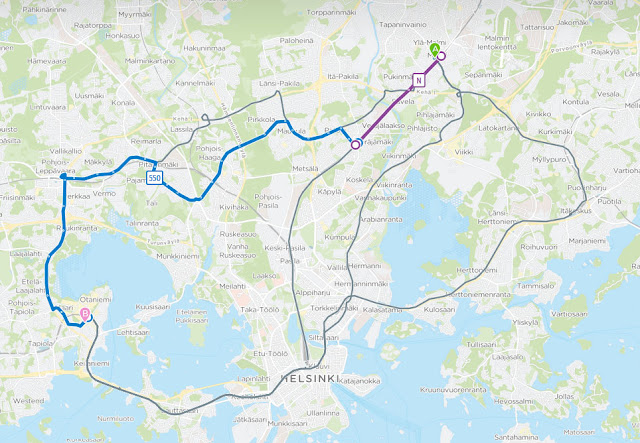 Reittioppaan vaihtoehtoiset reitit välille Malmi-Otaniemi.