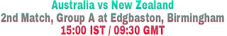 Australia vs New Zealand 2nd Match, Group A at Edgbaston, Birmingham 15:00 IST / 09:30 GMT