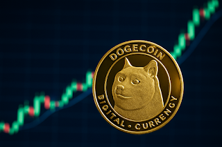 Golden Dogecoin coin in focus with upward candlestick