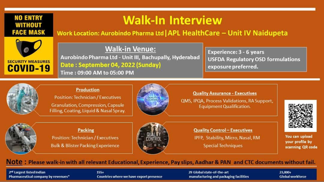 Job Available's for Aurobindo Pharma Ltd Walk-In Interview for QA/ QC/ Production/ Packing