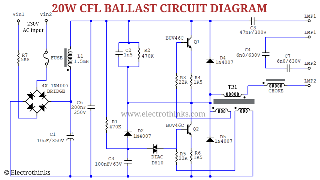 Schematic of 20W CFL Bulb Ballast Circuit