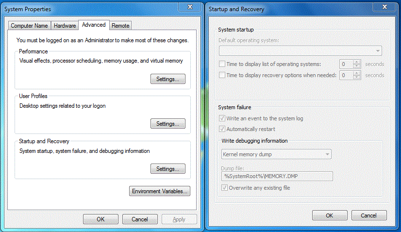 System properties advance tab and startup & recovery setting