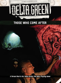 The cover of Delta Green: Those Who Come After in which a creepy femme person lurks behind a white haired masc person while they examine a carved wall, in the background, someone is silhouetted as they come down from the opening of the cave.