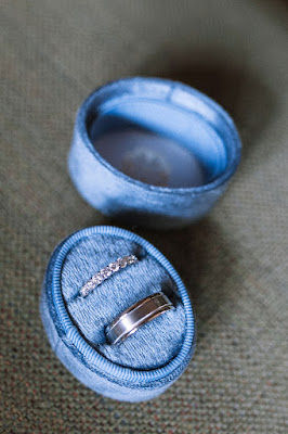 wedding rings in blue box display