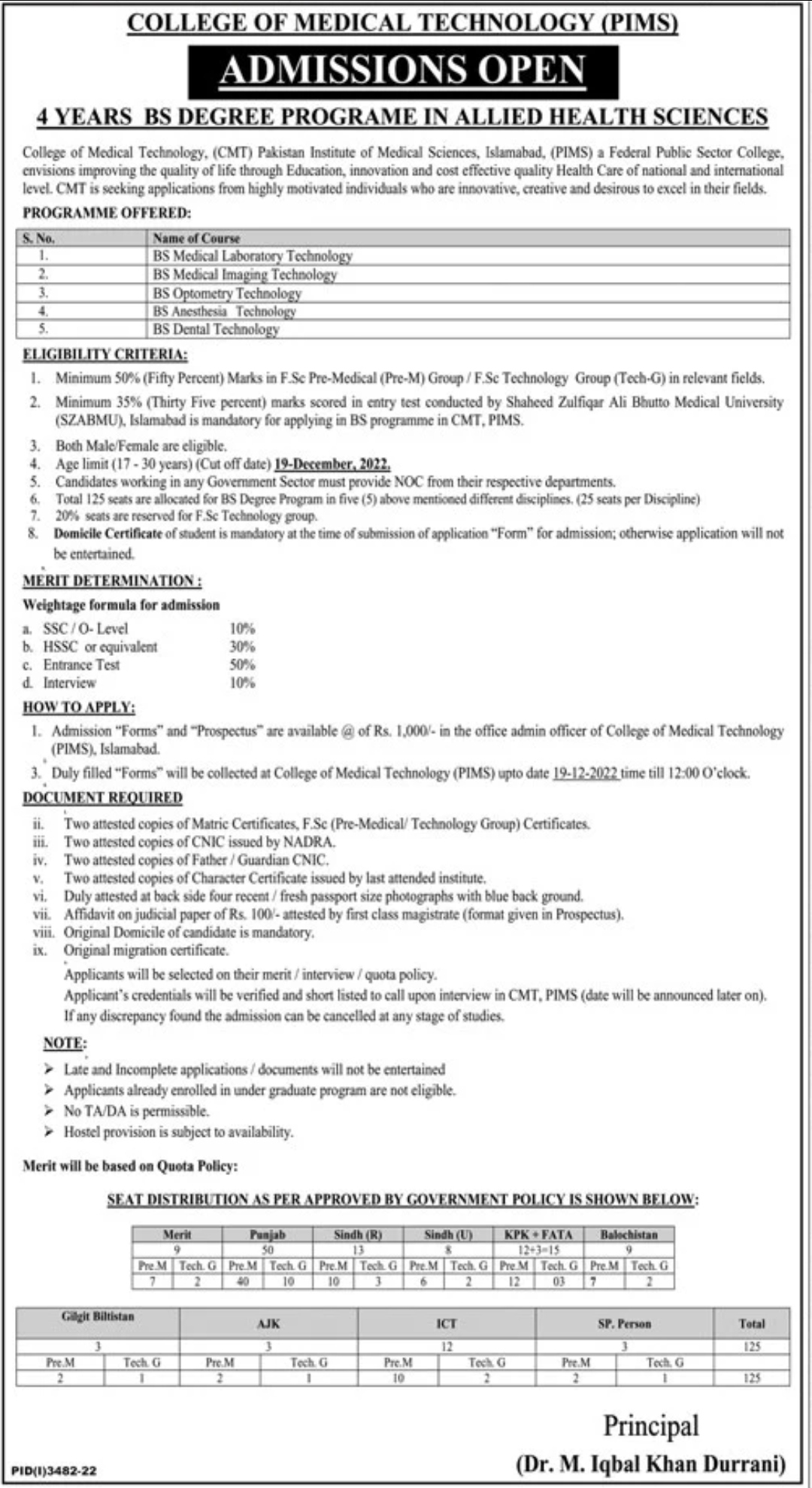 Admissions in PIMS College of Medical Technology 