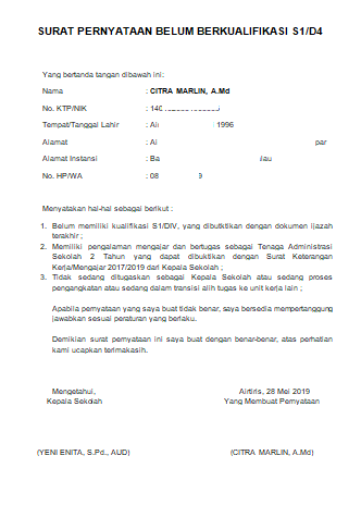 Contoh Format Surat Pernyataan Belum Berkualifikasi S1/D4