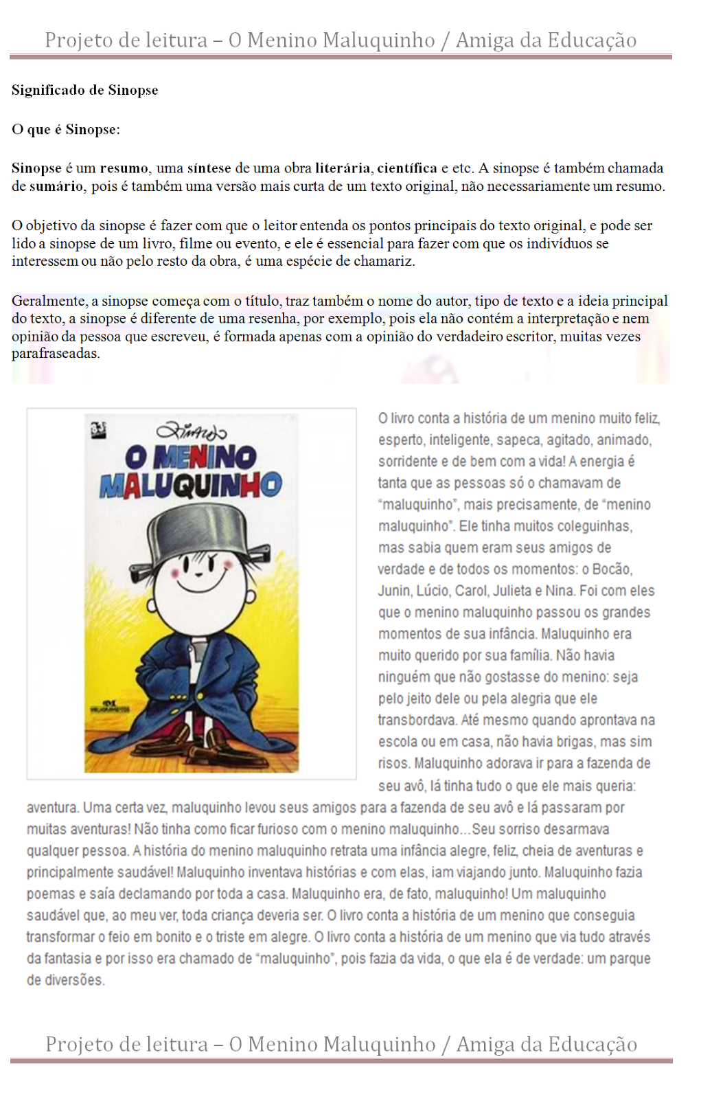 Download AMIGA DA EDUCAÇÃO.: Projeto de leitura O Menino Maluquinho ...