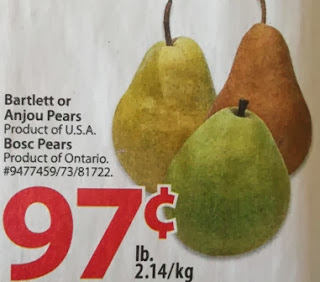 Bartlett or Anjou pears $0.97 per lb / Ontario Bosc pears $0.97 per lb