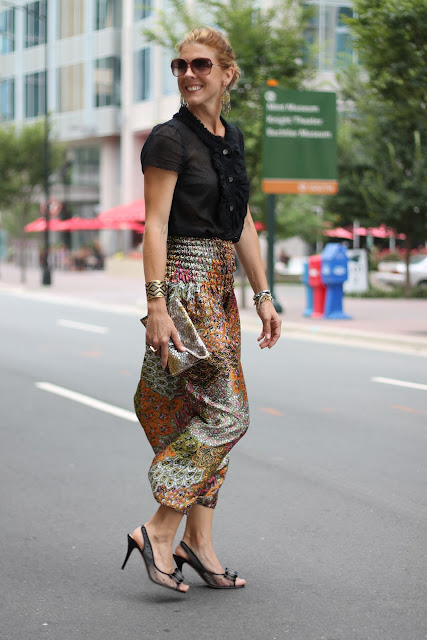 Harem Pants from Woman Shops World, J. Crew Bouse, Kate Spade Pumps, JJ Winters Clutch, Blinde Sunglasses