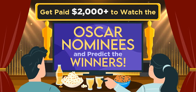 Illustrated graphic of two people watching a movie. Text: Get Paid $2,000+ to watch the Oscar nominees and predict the winners.