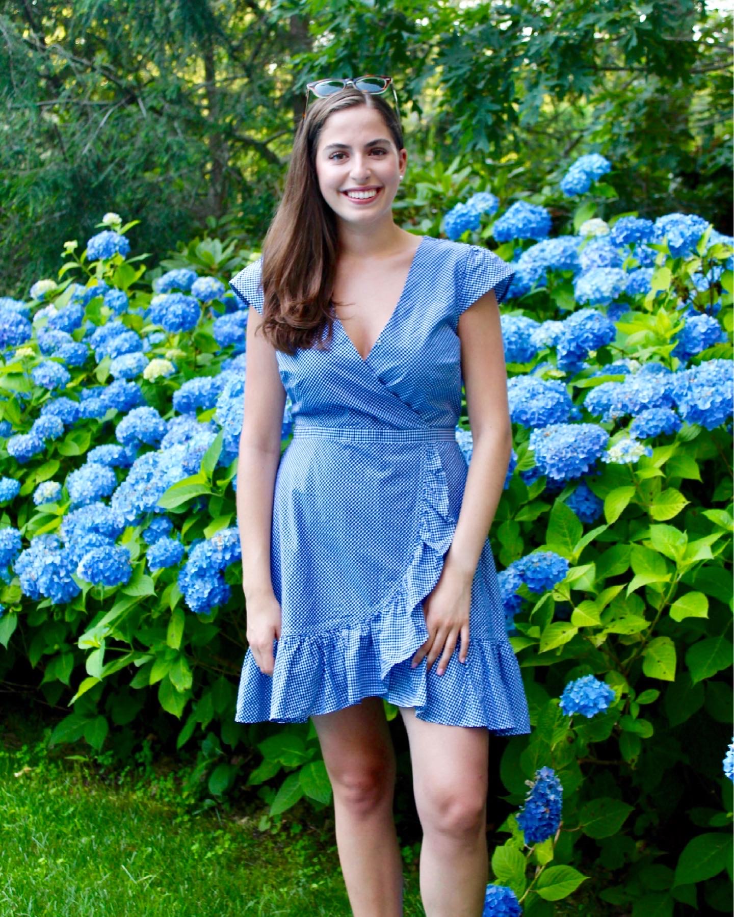 blue gingham dress, long island, hamptons, hydrangeas,