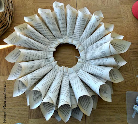 Vintage, Paint and more...Second row of cones for a book page wreath completed